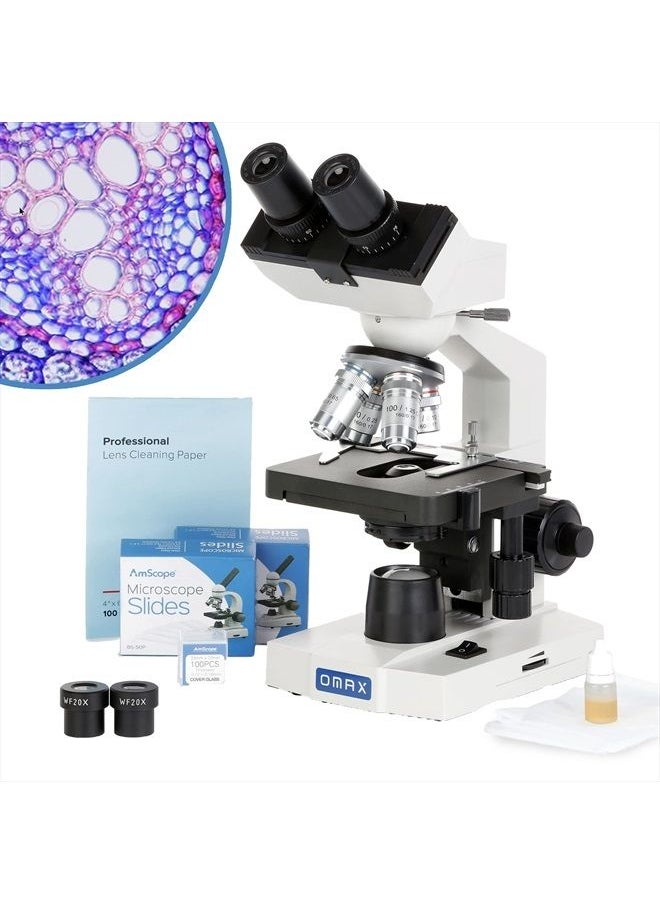 OMAX 40X-2000X LED Binocular Compound Lab Microscope w/ Double Layer Mechanical Stage + Blank Slides, Cover Slips, & Lens Cleaning Paper, M82ES-SC100-LP100  - Image 1