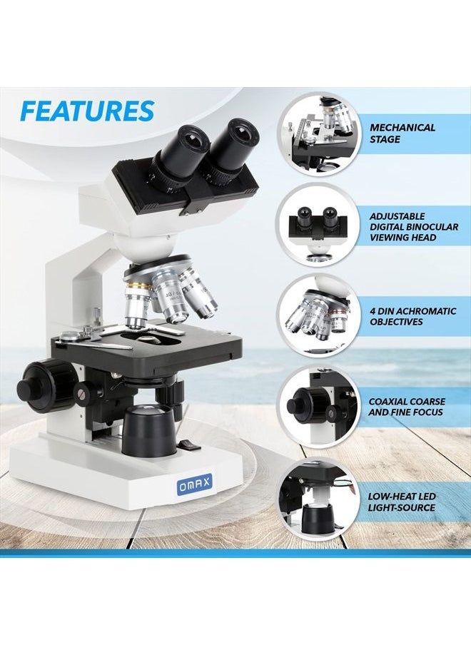 OMAX 40X-2000X LED Binocular Compound Lab Microscope w/ Double Layer Mechanical Stage + Blank Slides, Cover Slips, & Lens Cleaning Paper, M82ES-SC100-LP100  - Image 2