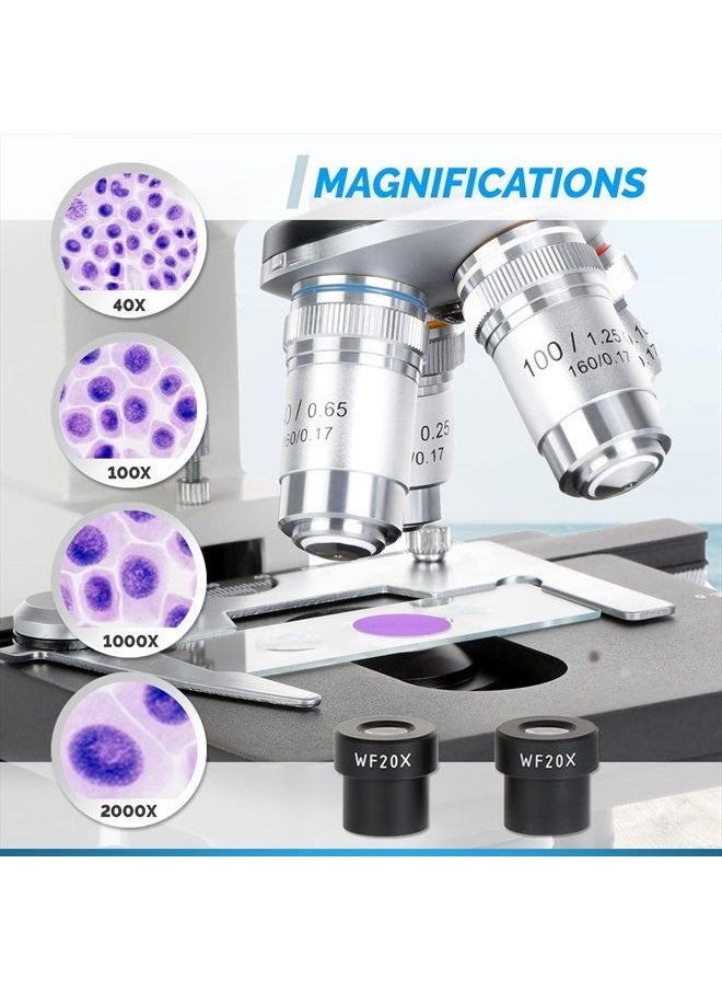 40X-2000X LED Binocular Compound Lab Microscope w/ Double Layer Mechanical Stage + Blank Slides, Cover Slips, & Lens Cleaning Paper, M82ES-SC100-LP100