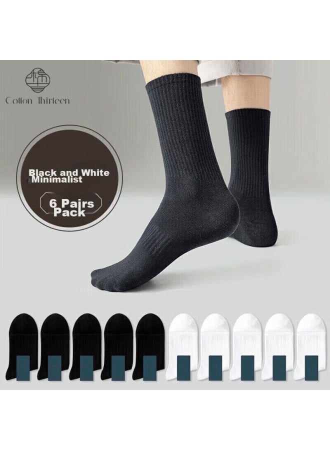 Cotton Thirteen Mianshisan Zhuji جوارب رجالية ، خريف وشتاء، لون صلب أسود وأبيض، عمل عادي، قابل للتنفس، جوارب طويلة عالية، 6 أزواج - Image 1