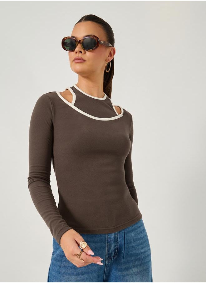 Styli Rib Knit Layered Long Sleeve Fitted T-Shirt  - Image 1