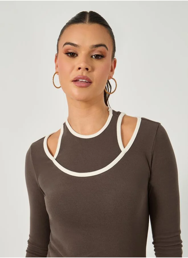 ستايلي Rib Knit Layered Long Sleeve Fitted T-Shirt