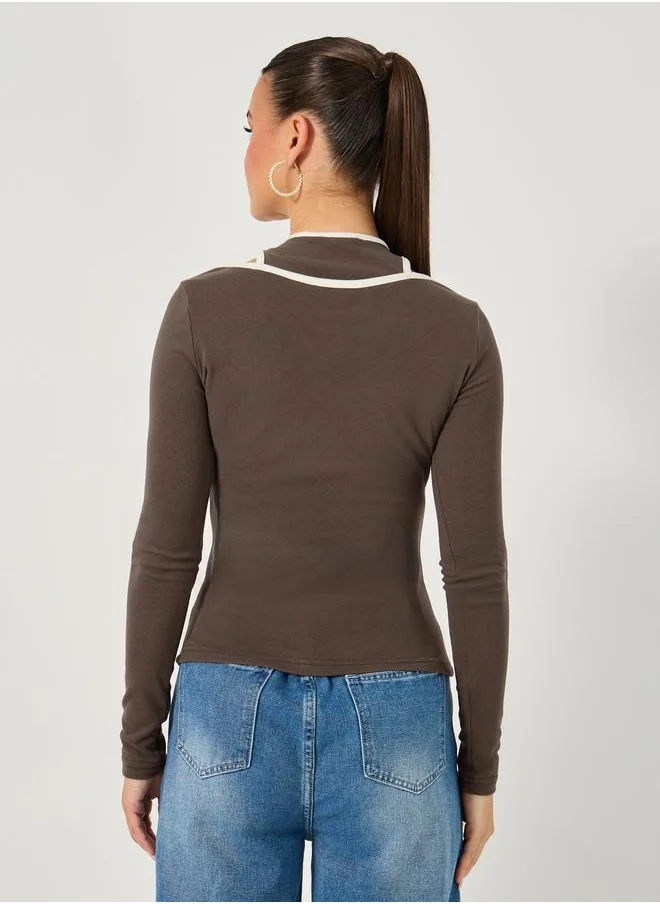ستايلي Rib Knit Layered Long Sleeve Fitted T-Shirt