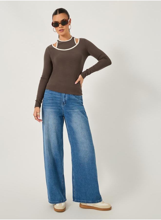 Styli Rib Knit Layered Long Sleeve Fitted T-Shirt  - Image 3