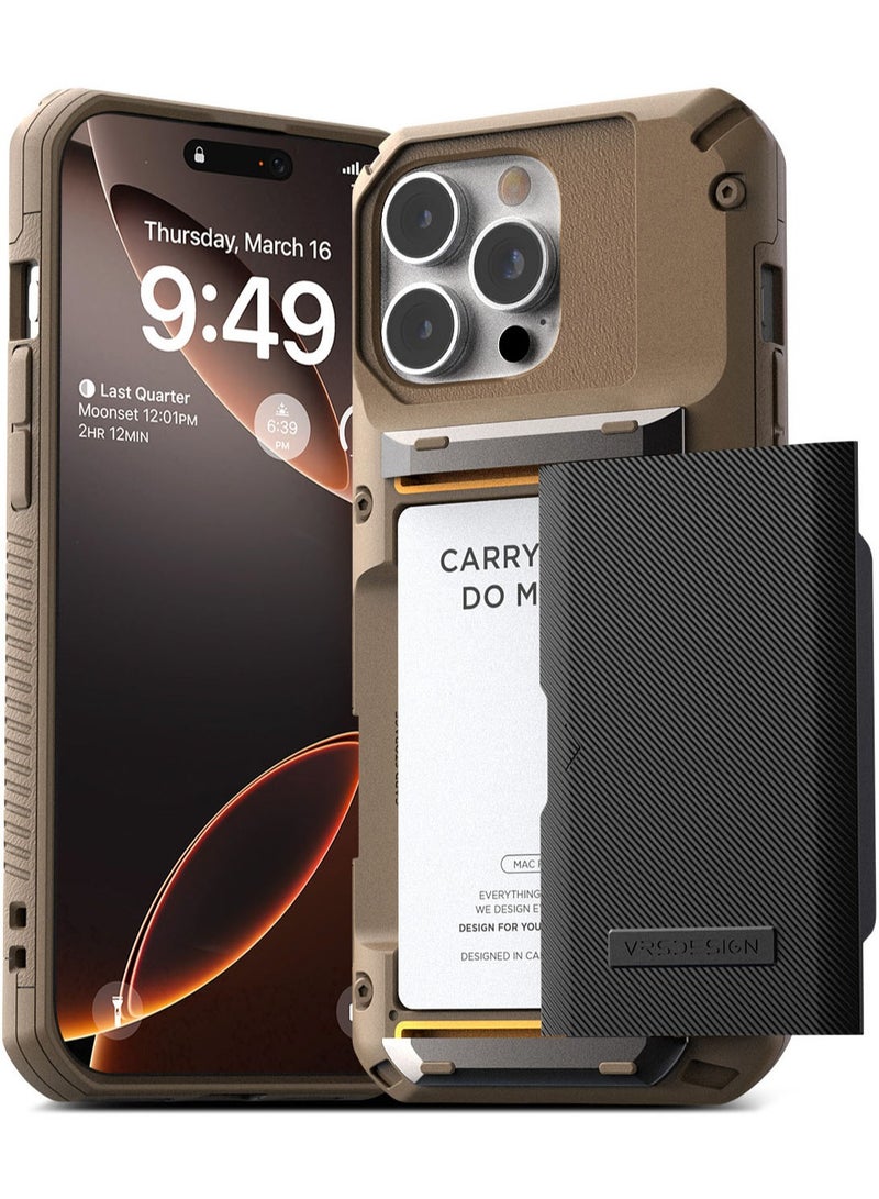VRS Design Damda Glide Pro iPhone 16 Pro MAX Case Cover Wallet with Semi Automatic Credit Card Holder Slot [4 Cards] - Khaki Groove  - Image 1