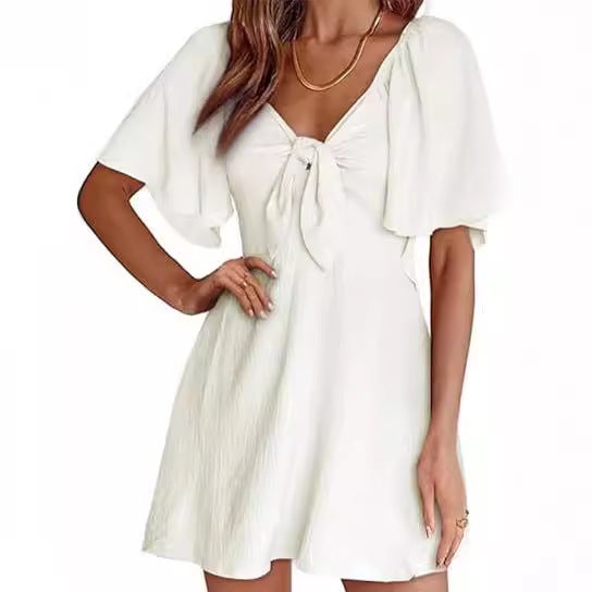 European and American Export Cross-Border Summer Womens V-Neck Bow Tie Short-Sleeved Pullover Lotus Leaf Sleeve Mini Dress White