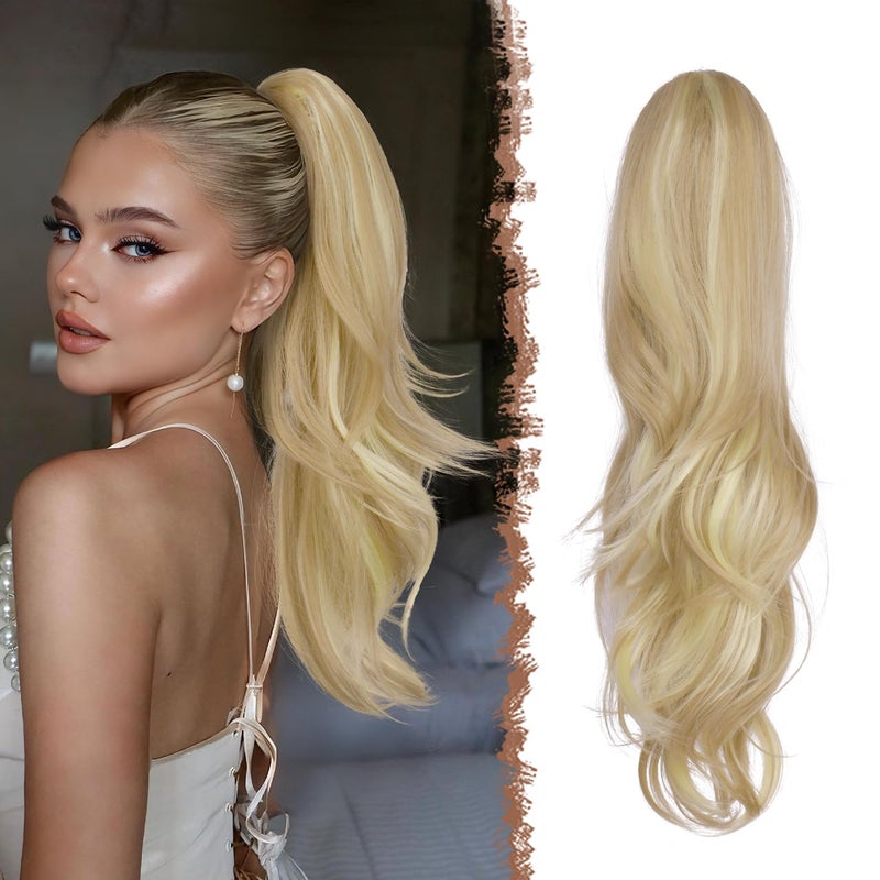 FESHFEN Drawstring Ponytail Extension Natural Long Wavy Layered Synthetic Pony Tails Dirty Blonde Hair Extensions Hairpieces for Women 20 inch - Image 2