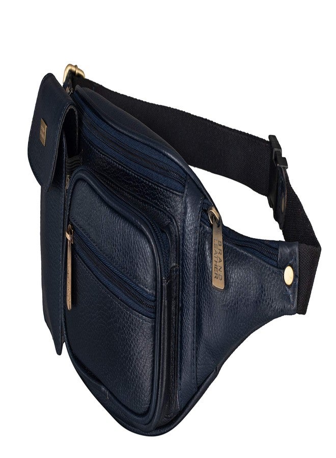 BRAND LEATHER Genuine Leather Stylish Waist Bag Elegant Style Travel Pouch Passport Holder with Adjustable Strap (Blue) - Image 1