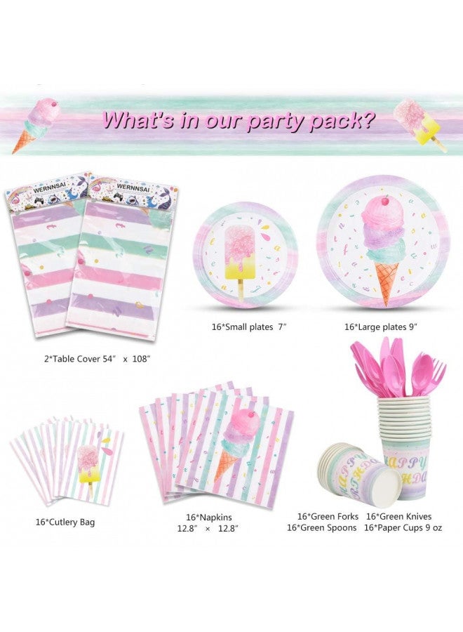 Wernnsai مجموعة لوازم حفلة الآيس كريم - أدوات مائدة حفلة الآيس كريم للأطفال البنات لعيد الميلاد وحفلة استقبال المولود، غطاء طاولة قابل للتصرف، أطباق، أكواب ورقية، مناديل، أدوات مائدة، حقيبة أدوات، تخدم 16 ضيفًا، 130 قطعة - Image 2