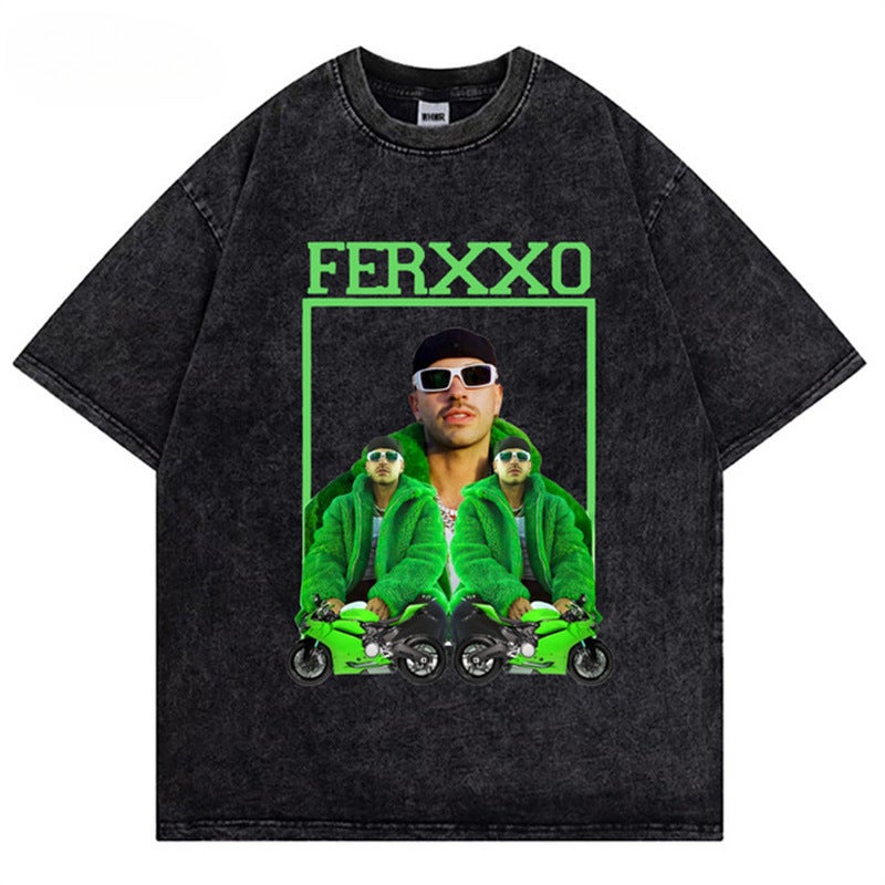Retro Anime Printed Short-Sleeved T-Shirt Men'S Ins National Fashion Brand Washed Old Loose Cotton Top - Image 1