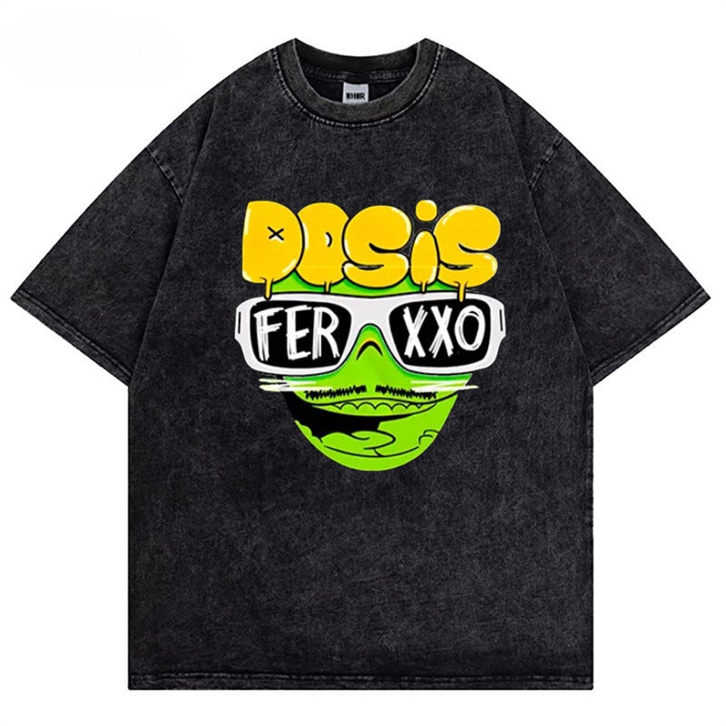 Retro Anime Printed Short-Sleeved T-Shirt Men'S Ins National Fashion Brand Washed Old Loose Cotton Top - Image 2