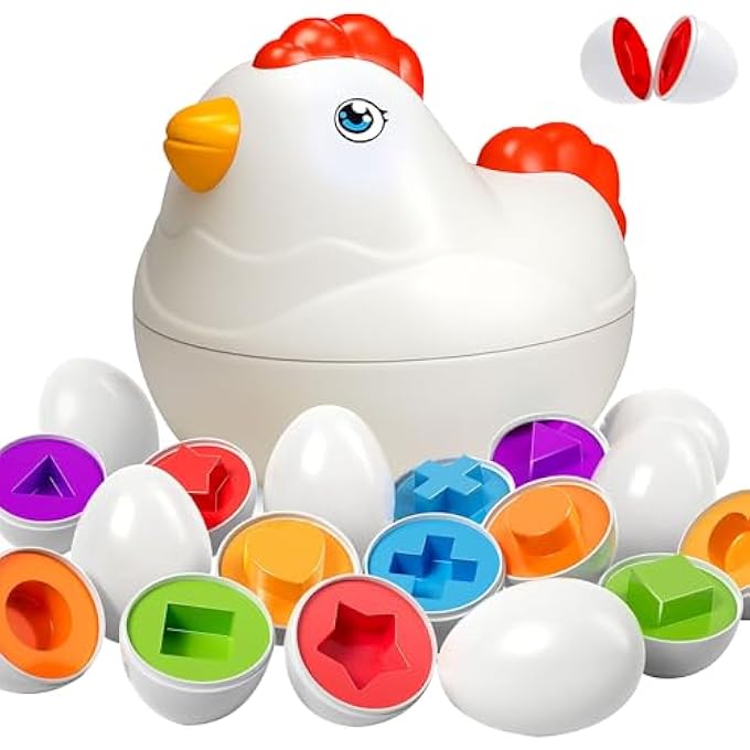 MATCHING EGGS MONTESSORI TOY FOR TODDLERS 1-5 AGES – 12 PCS SHAPE & COLOR PUZZLE IN CHICKEN CASE – EDUCATIONAL BABY TOYS FOR GIRLS & BOYS – LEARNING TOYS AND GAMES FOR KIDS AGES 1 2 3 4 5 - Image 1
