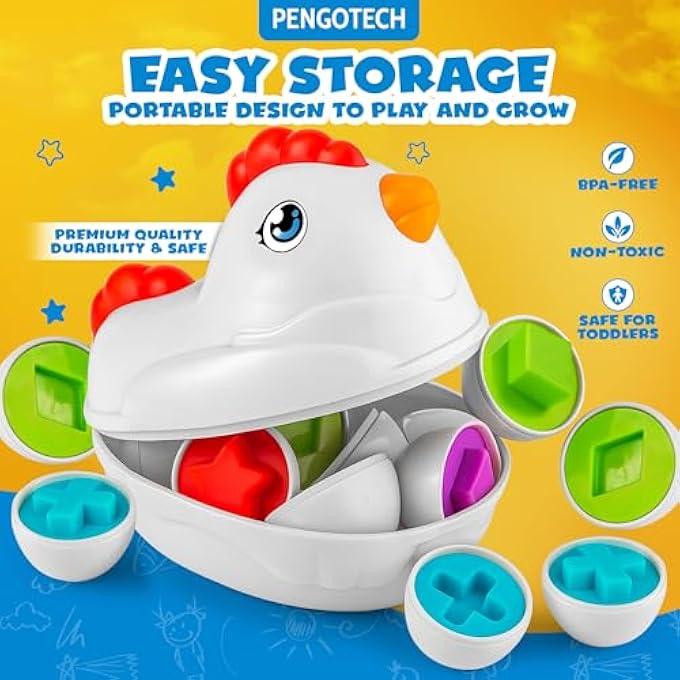 MATCHING EGGS MONTESSORI TOY FOR TODDLERS 1-5 AGES – 12 PCS SHAPE & COLOR PUZZLE IN CHICKEN CASE – EDUCATIONAL BABY TOYS FOR GIRLS & BOYS – LEARNING TOYS AND GAMES FOR KIDS AGES 1 2 3 4 5 - Image 3
