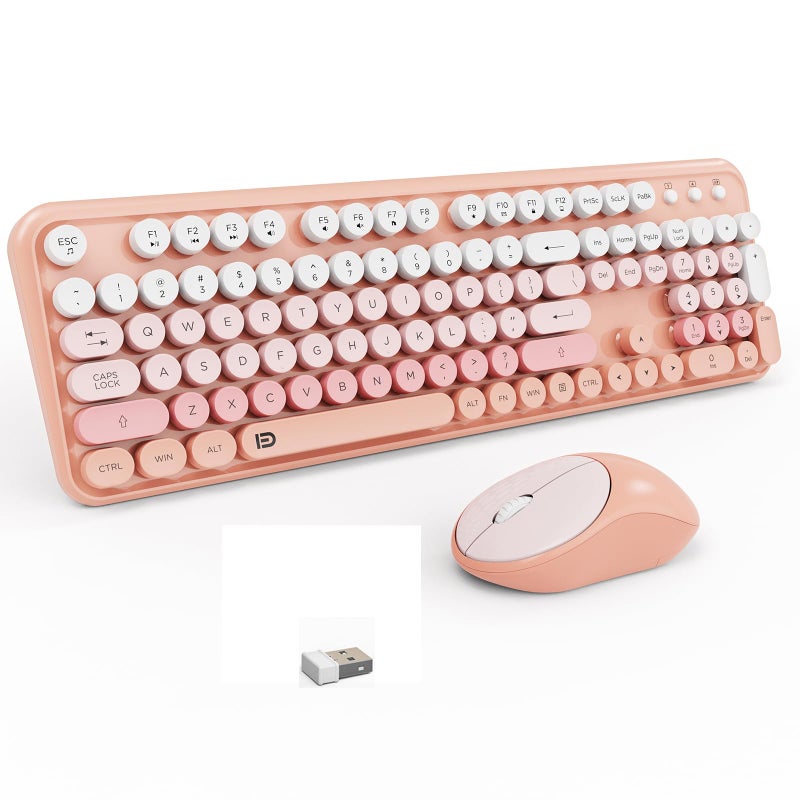FD 2.4GHz Wireless Keyboard and Mouse Set with Switch Button - Full-Size Keyboard - Compatible for Windows/Laptop/PC/Notebook/Smart TV and More - Light Pink Colorful - Image 1