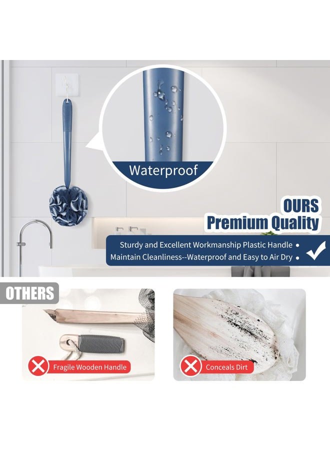 VANZAVANZU Loofah Sponge Set Loofah Exfoliating Body Scrubber, Anti-Slip Plastic 17" Handle Loofah on a Stick with Fluffy Shower Sponge, PE Soft Mesh Shower Loofahs-Blue with White Edge - Image 2