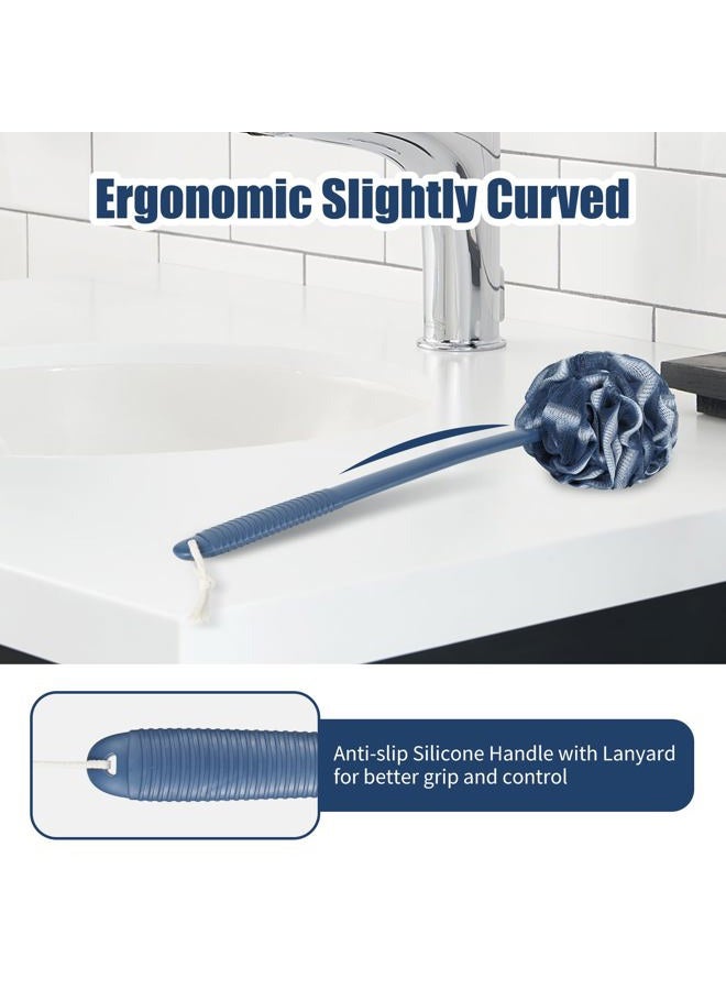 VANZAVANZU Loofah Sponge Set Loofah Exfoliating Body Scrubber, Anti-Slip Plastic 17" Handle Loofah on a Stick with Fluffy Shower Sponge, PE Soft Mesh Shower Loofahs-Blue with White Edge - Image 3