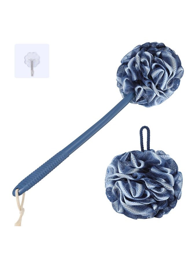VANZAVANZU Loofah Sponge Set Loofah Exfoliating Body Scrubber, Anti-Slip Plastic 17" Handle Loofah on a Stick with Fluffy Shower Sponge, PE Soft Mesh Shower Loofahs-Blue with White Edge - Image 1