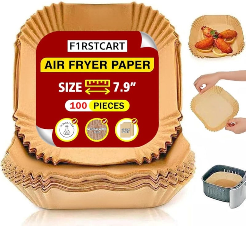 F1RSTCART 100 قطعة من ورق التغليف القابل للاستخدام مرة واحدة للقلاية الهوائية، ورق مربع غير لاصق للقلاية الهوائية، مقاوم للزيت، مناسب للخبز في الميكروويف، مقاس 7.8 بوصة/20 سم، دائري