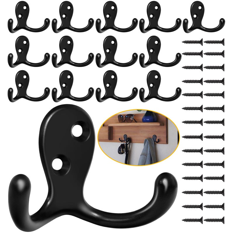 Homanu 14 Pack Coat Hooks, Heavy Duty Double Prong Coat Hooks Wall Mounted with 28 Screws, No Rust Black Metal Wall Hooks for Hanging Towel, Coat, Bag, Hat, Cup, Key - Image 1