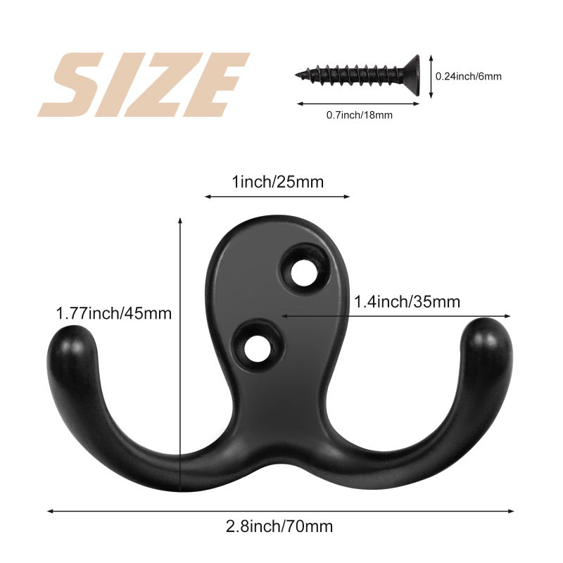 Homanu 14 Pack Coat Hooks, Heavy Duty Double Prong Coat Hooks Wall Mounted with 28 Screws, No Rust Black Metal Wall Hooks for Hanging Towel, Coat, Bag, Hat, Cup, Key - Image 5