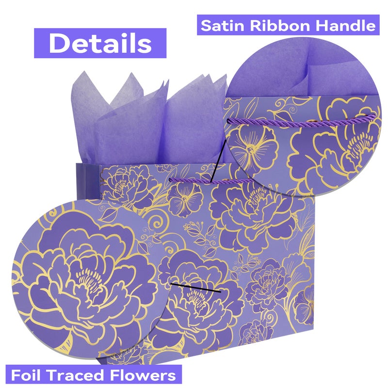 Qirrmiy 13" Large Rose Purple Gift Bag Set with Greeting Card and Tissue Paper for Women or Girls for Celebrating Birthdays, Mother's Day, Valentine's Day, Weddings, Anniversaries - Image 4