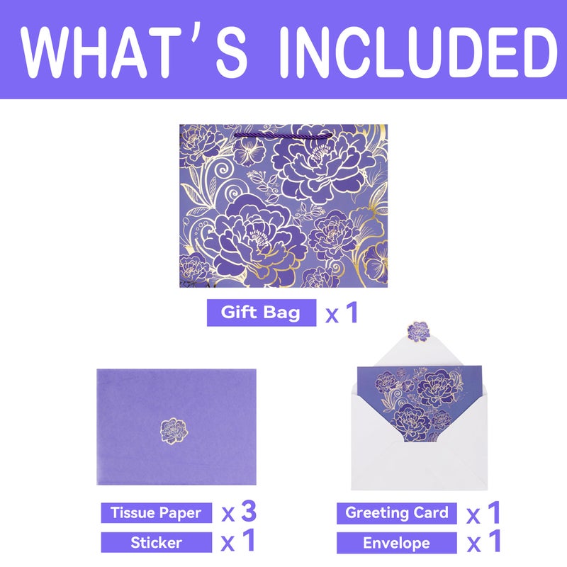 Qirrmiy 13" Large Rose Purple Gift Bag Set with Greeting Card and Tissue Paper for Women or Girls for Celebrating Birthdays, Mother's Day, Valentine's Day, Weddings, Anniversaries - Image 3