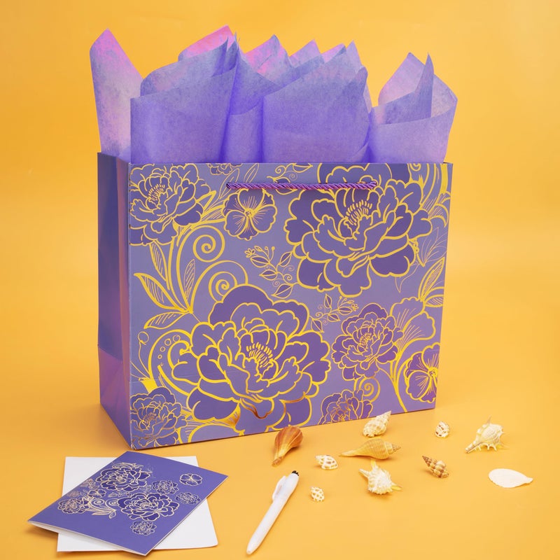 Qirrmiy 13" Large Rose Purple Gift Bag Set with Greeting Card and Tissue Paper for Women or Girls for Celebrating Birthdays, Mother's Day, Valentine's Day, Weddings, Anniversaries - Image 5