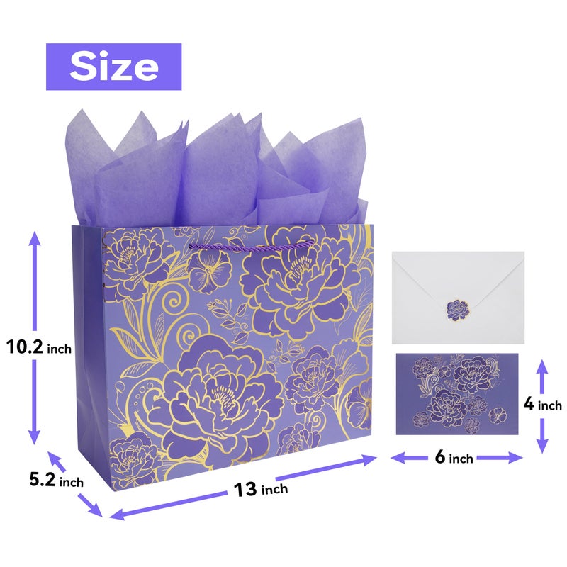 Qirrmiy 13" Large Rose Purple Gift Bag Set with Greeting Card and Tissue Paper for Women or Girls for Celebrating Birthdays, Mother's Day, Valentine's Day, Weddings, Anniversaries - Image 2