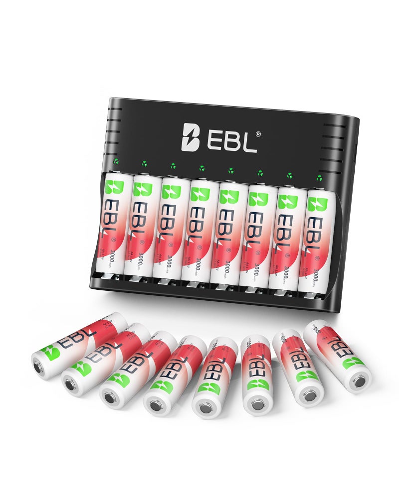 EBL Rechargeable AA Lithium Batteries with Charger, 1.5V 3000mWh 1600-Cycle, Ideal for Blink Outdoor Cameras (16 Pack) - Image 1