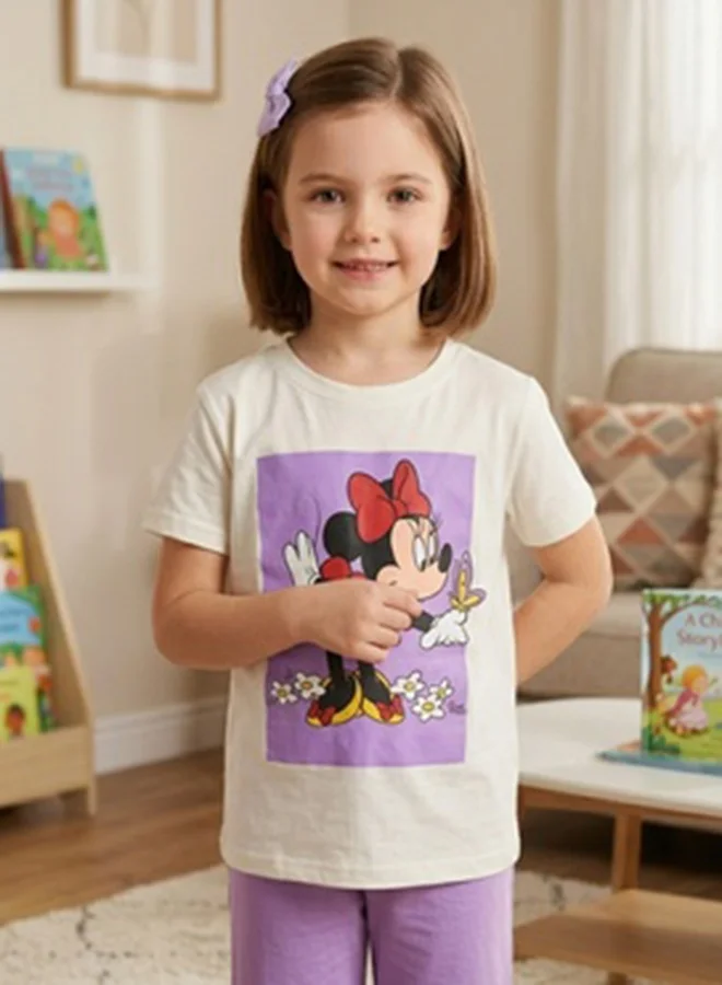 HAWRAA ABAYA Girls' Minnie Mouse Summer Pajama Set in Light Purple – Cartoon T-Shirt and Shorts, Comfortable for Everyday Wear