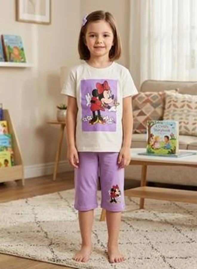HAWRAA ABAYA Girls' Minnie Mouse Summer Pajama Set in Light Purple – Cartoon T-Shirt and Shorts, Comfortable for Everyday Wear