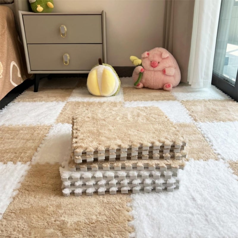 YISLEND 12Pcs Interlocking Carpet Tiles,12"x 12" Plush Interlocking Foam Carpet Tiles with Border,Fluffy Play Mat Floor Tiles Thick Padded Squares Foam Tiles for Playroom Decor (Khaki+Black) - Image 5
