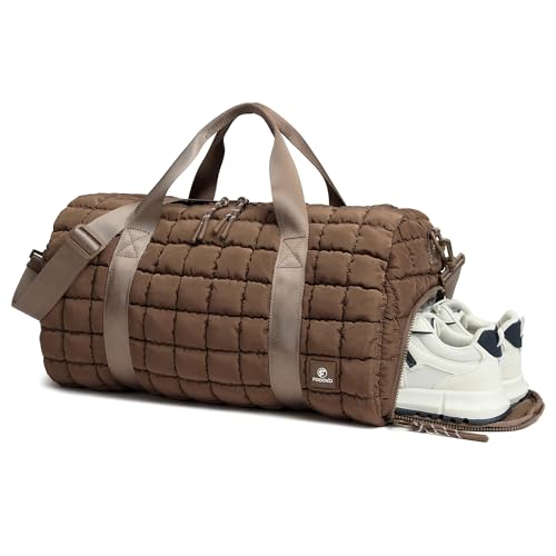 FODOKO Quilted Duffel Bag for Women, Puffer Gym Duffle Bag with Shoe Compartment Lightweight Large Crossbody Sport Bag Travel Tote Brown - Image 1