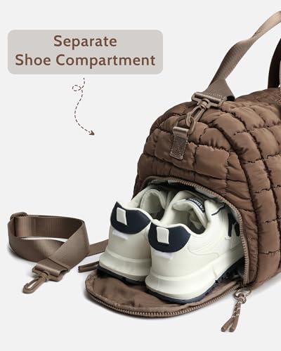 FODOKO Quilted Duffel Bag for Women, Puffer Gym Duffle Bag with Shoe Compartment Lightweight Large Crossbody Sport Bag Travel Tote Brown - Image 5