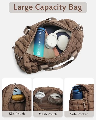 FODOKO Quilted Duffel Bag for Women, Puffer Gym Duffle Bag with Shoe Compartment Lightweight Large Crossbody Sport Bag Travel Tote Brown - Image 4