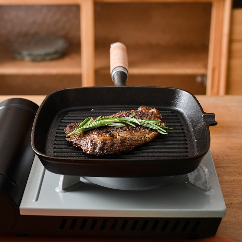 Source Factory Cast Iron Steak Frying Pan Uncoated Non-stick Household Striped 24cm Frying Steak Special Pan Pan(Wooden handle 24cm single nozzle steak pan clip oil brush) - Image 2