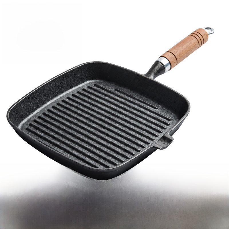Source Factory Cast Iron Steak Frying Pan Uncoated Non-stick Household Striped 24cm Frying Steak Special Pan Pan(Wooden handle 24cm single nozzle steak pan clip oil brush) - Image 1