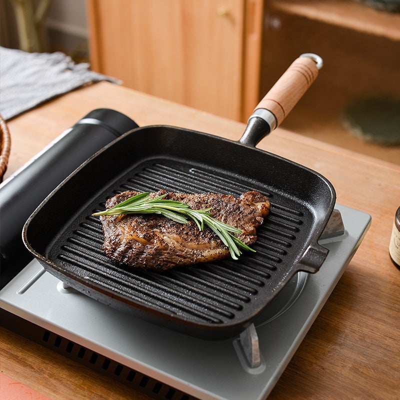 Source Factory Cast Iron Steak Frying Pan Uncoated Non-stick Household Striped 24cm Frying Steak Special Pan Pan(Wooden handle 24cm single nozzle steak pan clip oil brush) - Image 4