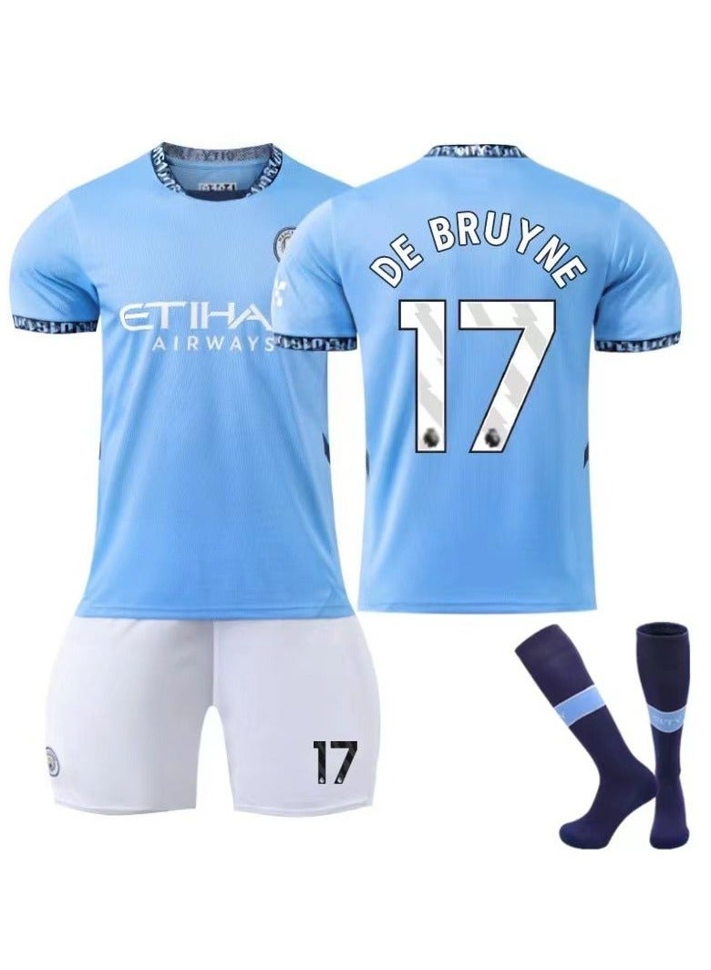 RedMapleTEK Adult Men's Football Jersey, 23/24 New Season 3-Piece Jersey Set, Manchester City home #17 jersey, Shorts And Socks Set, unisex,Adult Size, Football Jersey Gift Set  - Image 1