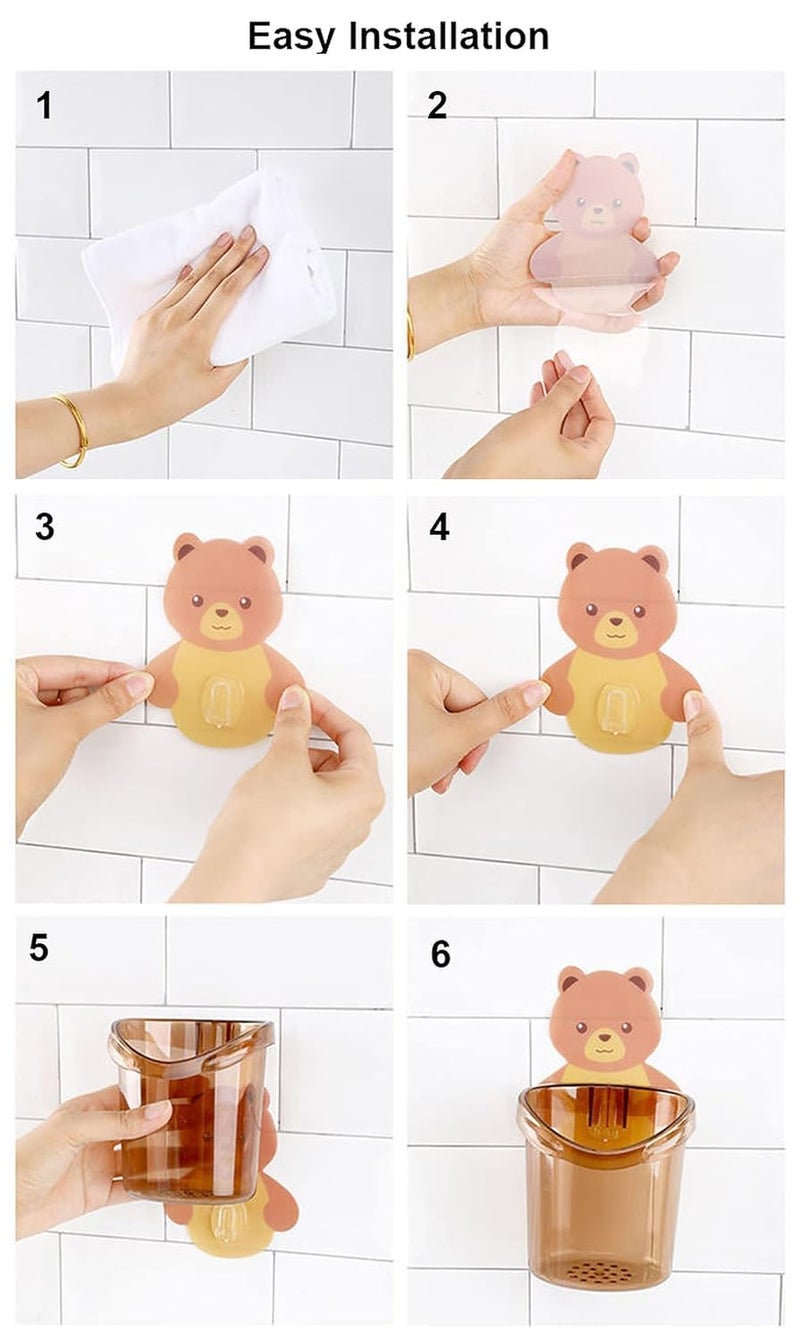 SKYZONE Export Toothbrush Holder Wall Mounted Teddy Bear Magic Sticker Plastic Stand for Toothpaste Comb Brush Cream Lotion Kids Bathroom Cup Drain Bathroom Storage Organizer Accessories 2pcs - Image 3