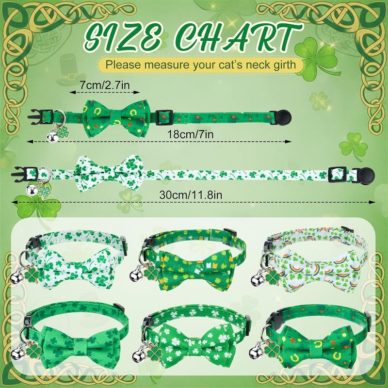 Hsei 6 Pcs St. Patrick's Day Cat Collar Bulk with Bow Tie Bell Irish Lucky Shamrocks Clover Green Hats Rainbows Kitten Adjustable Breakaway Bowtie Collar for Cats Small Dog Holiday Party Favors Gifts - Image 3
