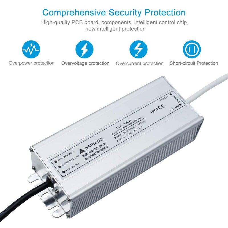 LightingWill LED Driver 100 Watts Waterproof IP67 Power Supply Transformer, 90-265V AC to 12V DC Low Voltage Output, Adapter with 3-Prong Plug 3.3 Feet Cable for Outdoor Use, Computer Project - Image 4