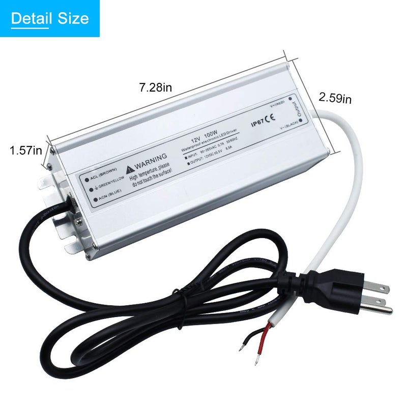 LightingWill LED Driver 100 Watts Waterproof IP67 Power Supply Transformer, 90-265V AC to 12V DC Low Voltage Output, Adapter with 3-Prong Plug 3.3 Feet Cable for Outdoor Use, Computer Project - Image 3