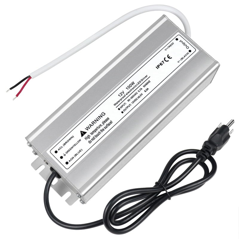 LightingWill LED Driver 100 Watts Waterproof IP67 Power Supply Transformer, 90-265V AC to 12V DC Low Voltage Output, Adapter with 3-Prong Plug 3.3 Feet Cable for Outdoor Use, Computer Project - Image 1