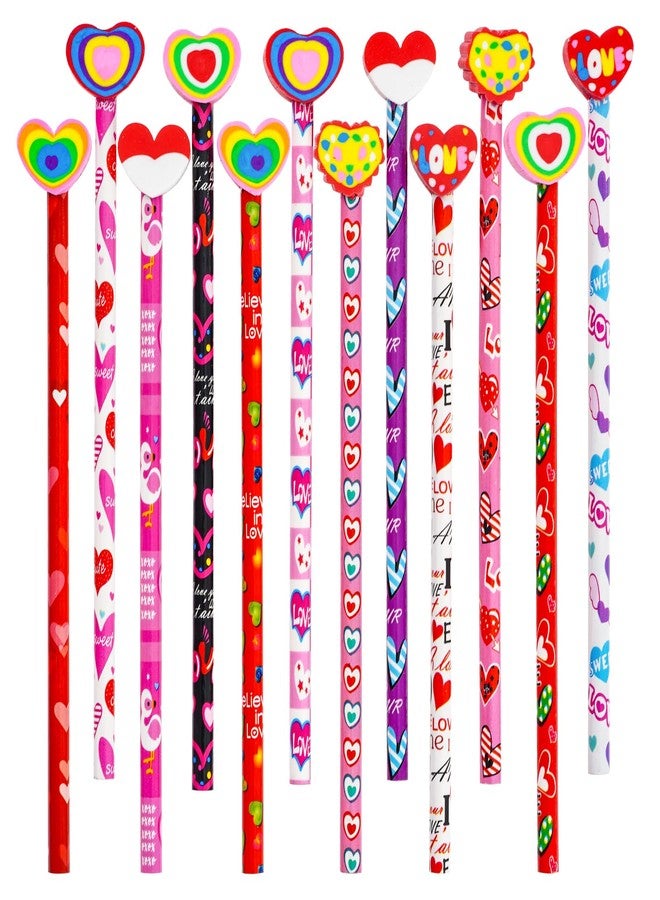 Nydotd 24Pcs Valentines Day Pencils - Bulk Wood Pencils with Giant Detachable Eraser Toppers, Love Heart Patterns, Valentine's Day Goodie Bags Fillers Festive Gift Exchange - Image 1