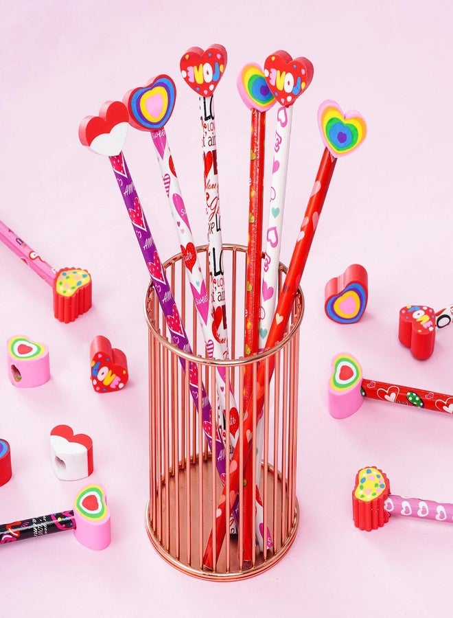 Nydotd 24Pcs Valentines Day Pencils - Bulk Wood Pencils with Giant Detachable Eraser Toppers, Love Heart Patterns, Valentine's Day Goodie Bags Fillers Festive Gift Exchange - Image 4