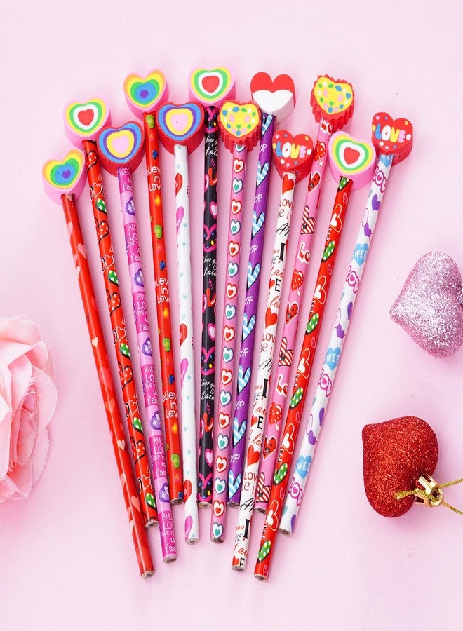 Nydotd 24Pcs Valentines Day Pencils - Bulk Wood Pencils with Giant Detachable Eraser Toppers, Love Heart Patterns, Valentine's Day Goodie Bags Fillers Festive Gift Exchange - Image 2