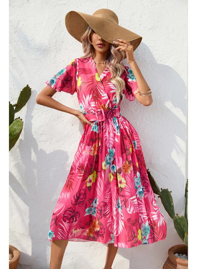 Women's Clothing Station Summer Flower Printed Crumple Short-sleeved Dress