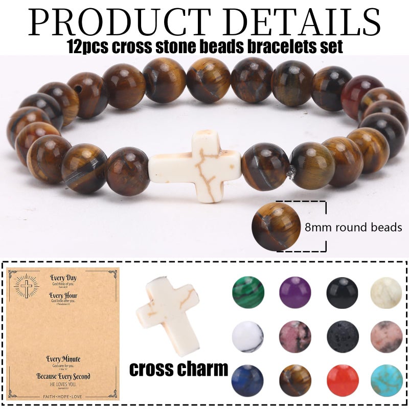 CASDAN 12Pcs Cross Beaded Bracelets for Women Men 8mm Easter Basket Stuffers Natural Stone Crystal Bracelet Semi-Precious Gemstone Beads Bracelets Set for Christian Christmas Gifts - Image 3