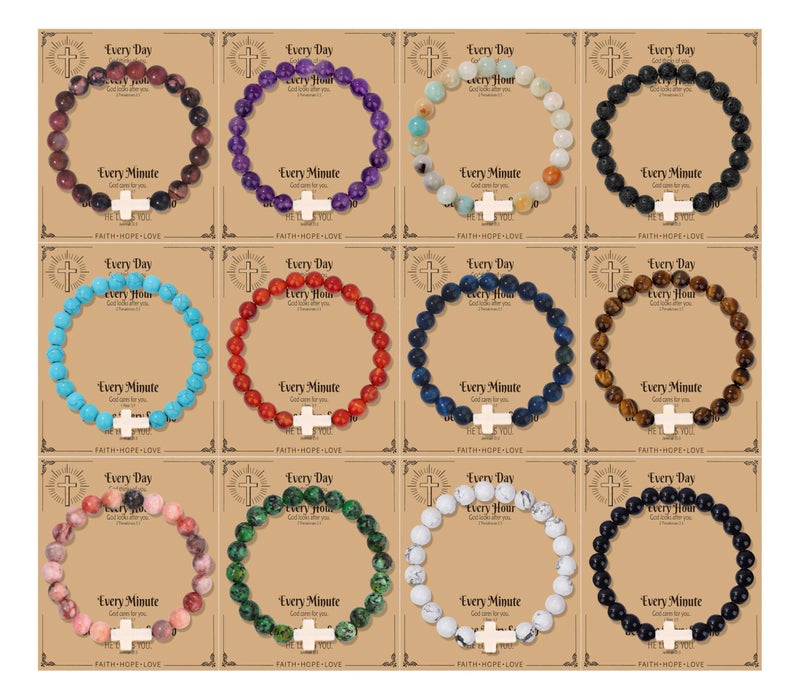 CASDAN 12Pcs Cross Beaded Bracelets for Women Men 8mm Easter Basket Stuffers Natural Stone Crystal Bracelet Semi-Precious Gemstone Beads Bracelets Set for Christian Christmas Gifts - Image 1